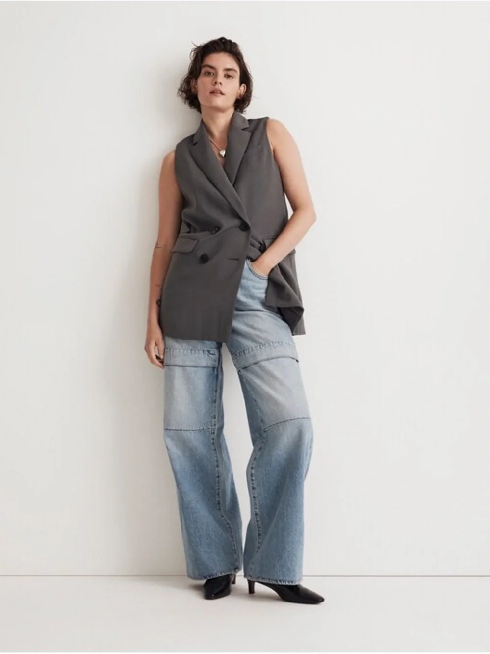 NWT ✨ Madewell Oversized Double-Breasted Crepe Sleeveless Blazer in Gray $198